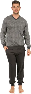 Produktbild von Herren Pyjama Schlafanzug mit Bündchen in eleganten Minimalprint - auch in Übergrössen ; dunkelgrau , 56