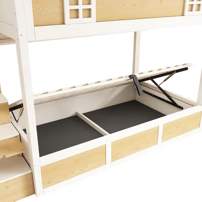 Produktbild von Flieks Hydraulisches Etagenbett 90x200cm mit Regal und offenen Staufächern, Kinderbett Hausbett mit Rausfallschutz und Lattenrost, Hochbett Weiß