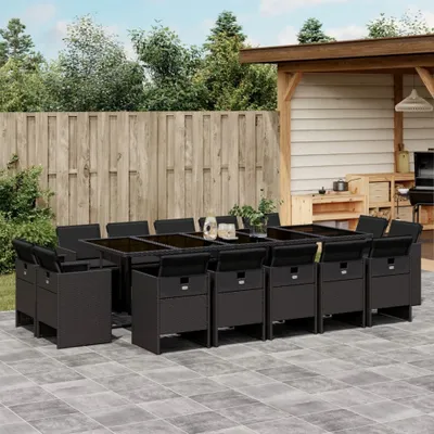Produktbild von Design 15-tlg. Garten-Essgruppe mit Kissen Schwarz Poly Rattan, Gartenmöbel-Sets 2024 Neu
