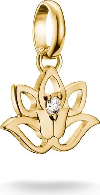 A close-up studio shot of a gold lotus flower charm with a small diamond in the center, against a white background.