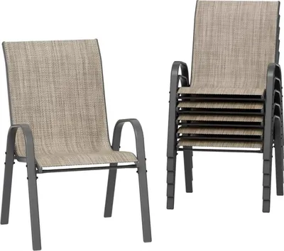 Produktbild von 6er Set Gartenstühle – Stapelbare Außenstühle – Teslin-Stoff Flex Comfort – Stabiles Stahl-/Eisenrahmen – Hohe Rückenlehne – Braun