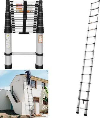 Imagen del producto de Escalera de aluminio de 4,4 metros, escalera plegable, escalera extensible, escalera telescópica, certificada según la norma EN131, escalera de pie, antideslizante, escalera multiusos. Escalera portátil y extensible para uso doméstico, con capacidad de carga de 150 kg, ideal para uso en interiores y exteriores
