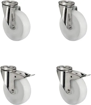 Produktbild von Rollensatz mit 2 Rückenlochlenkrollen und 2 Feststellern, Polyamid und Edelstahl, Durchmesser 80 mm, Transportrollen, Gleitlager, INOX, Traglast 390 kg (4er Set)