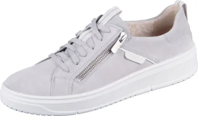 A single light gray sneaker with a white sole and laces is shown against a white background.