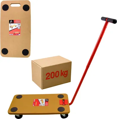 Produktbild von Plattformwagen mit Deichsel 200 kg – MDF + Metall, abnehmbarer Griff, 4 Lenkrollen