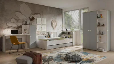Image de Chambre enfant complète ELYO – Bureau + Lit + Armoire avec bibliothèque