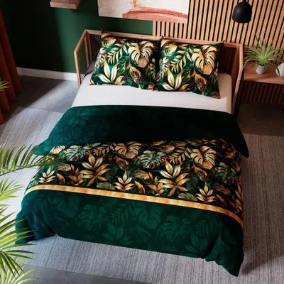 Obrázek produktu pro Ložní prádlo, bavlněný satén, vysoká kvalita 160x200 Selva Green, zlaté listy