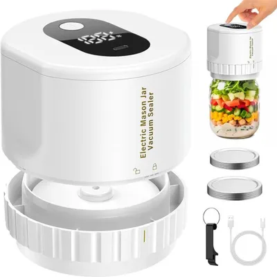 Produktbild von Elektrischer Vakuumierer für Einmachgläser, kabellos, 1200 mAh, LED-Display, USB, 10 Vakuumdeckel – Weiß