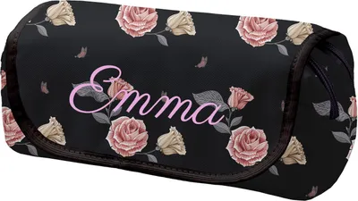 Produktbild von Personalisierte Mäppchen Federtasche mit Namen Schlamperbox Federmäppchen mit Klettverschluss Klappe Schüleretui Stiftemappe mit zwei Reißverschlüssen Schwarze Rosen [151]
