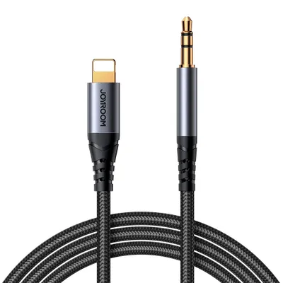 A product shot of a Joyroom stereo audio cable with a Lightning connector on one end and a 3.5mm jack on the other.