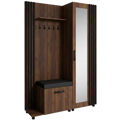 Produktbild von Garderoben-Set LIVIA Links Warmia Walnuss – Garderobenschrank mit Spiegel, Schuhschrank mit schwarzen Sitzkissen, Lamellen in Schwarz, Hochschrank