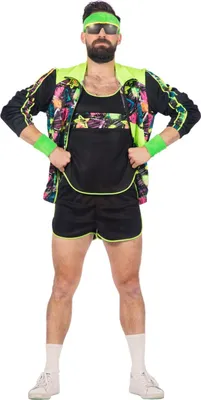 A man wearing an 80s/90s-style aerobic tracksuit.