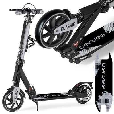 Zdjęcie produktu dla Hulajnoga miejska Bervee CLASSIC, hamulec tarczowy, 2x amortyzator, koła 200mm, duża, składana, 4-stopniowa regulacja wysokości, aluminium, szara
