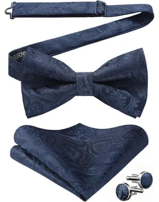 Immagine prodotto di Set da uomo per matrimoni, completo di fazzoletto da taschino e gemelli, motivo Paisley, blu navy