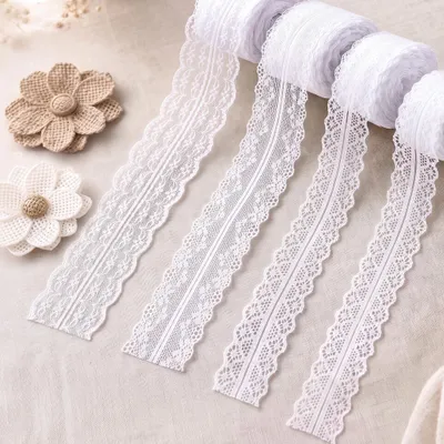 Productafbeelding van 40 m kanten lint - 4 rollen wit vintage lint 2 kanten bloemen - Bruiloft tafeldecoratie knutselen cadeaulint