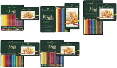 Multiple sets of Faber-Castell colored pencils in their packaging.
