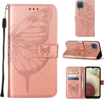 Produktbild von Galaxy A12 Hülle, Schmetterling Prägung Flip Leder Kartenfächer Schutzhülle Ledertasche mit Ständer für Samsung Galaxy A12 Roségold