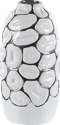 Produktbild von BELIANI Dekovase Weiß Steinzeug 34 cm mit Strukturmuster in Silber Glänzende Strukturoberfläche Deko Accessoires Wohnzimmer Schlafzimmer Flur Kamin