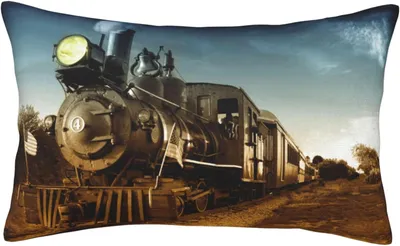 Produktbild von Seidenkissenbezug mit Zug- und Eisenbahnmotiv, bedruckt, knitterfrei, schmutzabweisend, weich und atmungsaktiv.