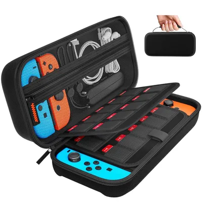 A black carrying case for a Nintendo Switch console, opened to reveal its contents, including controllers, games, and accessories.