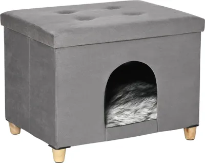 Produktbild von PawHut 2-IN-1 Katzenhöhle Fußhocker mit Kissen Holzbeine Katzenhaus Katzenkorb weich gepolstert Ottomane elegantes Design abnehmbar MDF Plüsch Grau 60 x 45 x 44,5 cm
