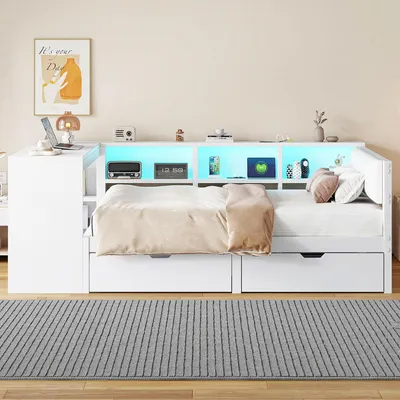 Produktbild von Abrihome Stauraumbett Kinderbett 140x200cm mit Schreibtisch, Bücherregal und Schubladen, Holzbett mit Lattenrost, Weiß