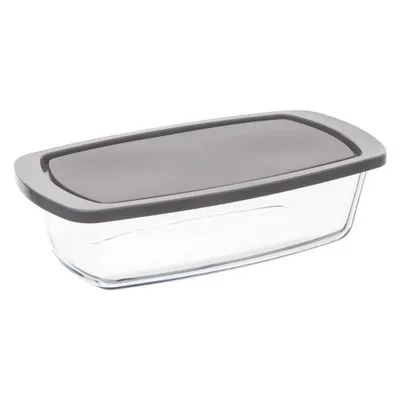 A clear, professional studio shot of a rectangular glass food storage container with a gray lid, isolated on a white background.