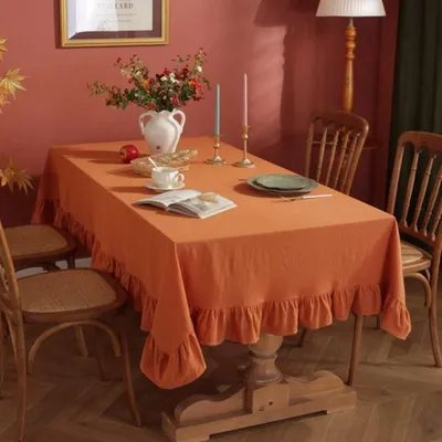 Produktbild von Tischdecke Baumwolle Leinen mit Rüschenkante 132x178cm Braun-Orange