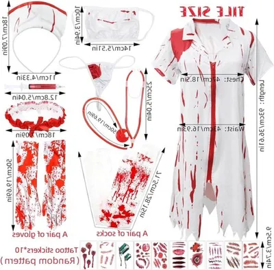 9-teiliges Halloween-Kostüm für Frauen, Zombie-Krankenschwester-Outfit, blutiges Krankenschwester-Kostüm, gruselige Braut