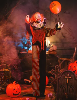 Produktbild von Animierte Horrorclown-Dekofigur mit Leuchtaugen und Sound bunt 166 cm -