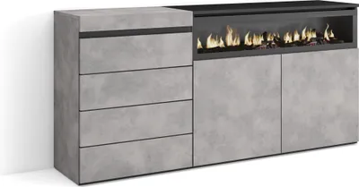 Produktbild von Kommode mit Schubladen, 157x35x75 cm, Für Schlafzimmer, Elektrokamin, Zementgrau