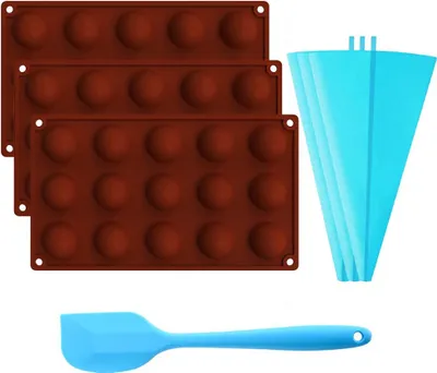 Obrázek produktu pro sada příslušenství pro výrobu čokolády 7PCS, 3 ks 15x mini polokoule silikonová forma / horká čokoládová bomba a kakaová bomba, 3PCS silikonový sáček, 1PCS silikonová škrabka