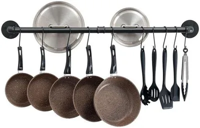 Produktbild von Famanu Metallregal Wandmontage 100 cm - Küchenregal mit 14 Haken, Schwarz
