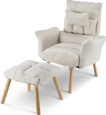 Produktbild von CLIPOP Leinen Relaxsessel Lehnstühle mit Hocker , verstellbare Rückenlehne, Beige