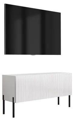 Zdjęcie produktu dla Szafka pod telewizor z żłobkowanym frontem, matowa biel, proste czarne nóżki, 100 × 32 × 52 cm