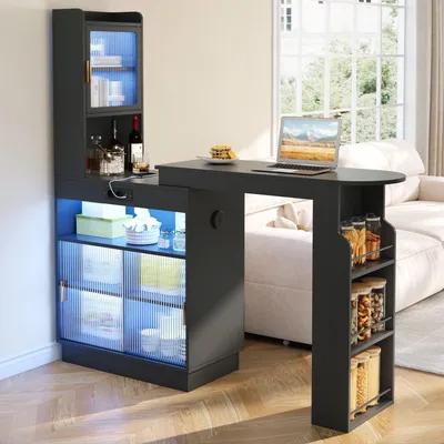 Produktbild von Merax Ausziehbarer Bartisch mit Stauraum, LED-App-Steuerung, Steckdose, USB & USB-C, Glastüren, Barschrank, Sideboard, 131–170 cm, Schwarz