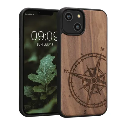 Produktbild von kwmobile Hülle kompatibel mit Apple iPhone 14 Hülle - Holz Case - Handy Cover - TPU Handyhülle in Dunkelbraun Kompass Vintage