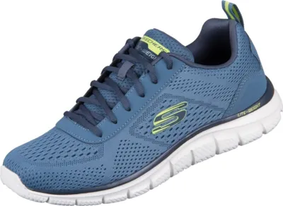 A blue Skechers sneaker is shown against a white background.