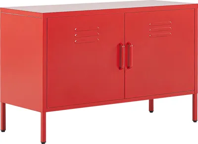 Produktbild von BELIANI Metallschrank Rot Stahl 100 x 40 x 65 cm Sideboard mit hohen Füßen Türen Griffen Regalboden Wohnzimmer Büro Arbeitszimmer Flur Bad