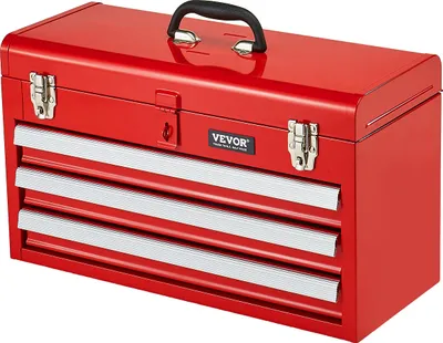 A red metal toolbox with silver drawers is shown against a white background.
