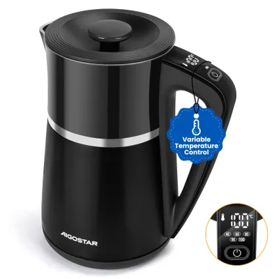 Produktbild von Aigostar - 1,7 L Doppelwand Cool Touch Edelstahl Wasserkocher, LED Digitalmit, Temperatureinstellung 40°C-100°C, Schwarz, Leise, Warmhaltefunktion