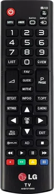 A black LG TV remote control is shown from the front against a black background.