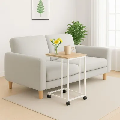 Image de Table d'appoint en forme de C avec roulettes - Plateau effet bois