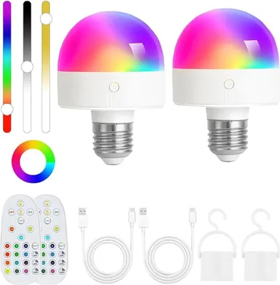 Zdjęcie produktu dla Zestaw 2 sztuk ładowalnych żarówek LED – E27 – magnetyczne – pilot zdalnego sterowania – 15 poziomów jasności – timer – 5 V – 249–2000 lm – RGB