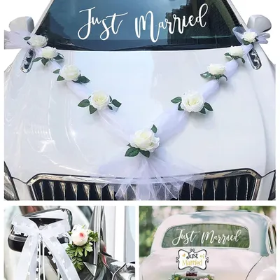 Produktbild von Autoschmuck Hochzeit Braut Paar Weiß Rose Motorhaube Girlande Set 9 Saugnäpfe 6 Schleifen Just Married Aufkleber 2 Gaze