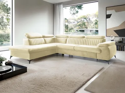 Produktbild von GOLDSTOFF VING Ecksofa mit Schlaffunktion & Bettkasten | Federkern Eckcouch | Schlaffläche 125x210 cm | L-Form mit Kopfstützen (Beige)