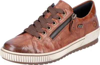 A single brown leather shoe with laces and a zipper is shown against a white background.