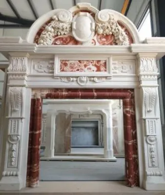 Produktbild von Casa Padrino Luxus Barock Kaminumrandung Weiß / Rot 208 x 38 x H. 243 cm - Prunkvolle Kaminumrandung aus hochwertigem Marmor - Marmor Möbel im Barockstil