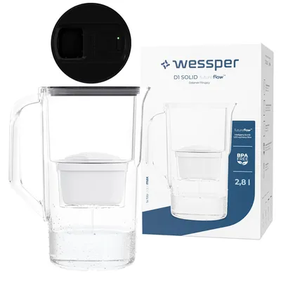 Produktbild von Wessper 2,8 l Wasserfilterkrug mit LED-Zähler Kompatibel mit Brita Maxtra | Set aus 1 Wasserfilterkrug + Wasserfilterkartusche - Schwarz
