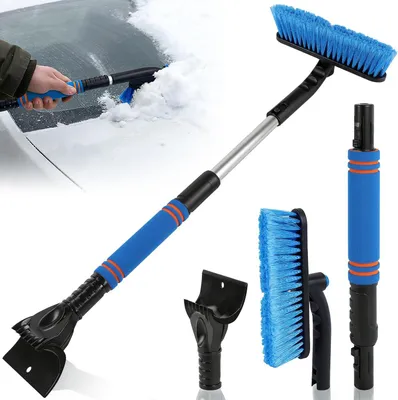 Imagen del producto de Raspador de hielo para automóviles con cepillo para nieve desmontable, mango telescópico, cabeza giratoria de 360°, 2 en 1, ideal para camiones y SUVs